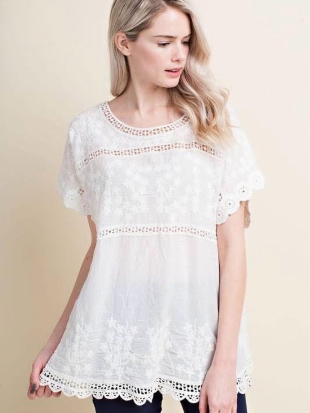 DAVI & DANI White Crochet-Trim Lace Peasant Tunic